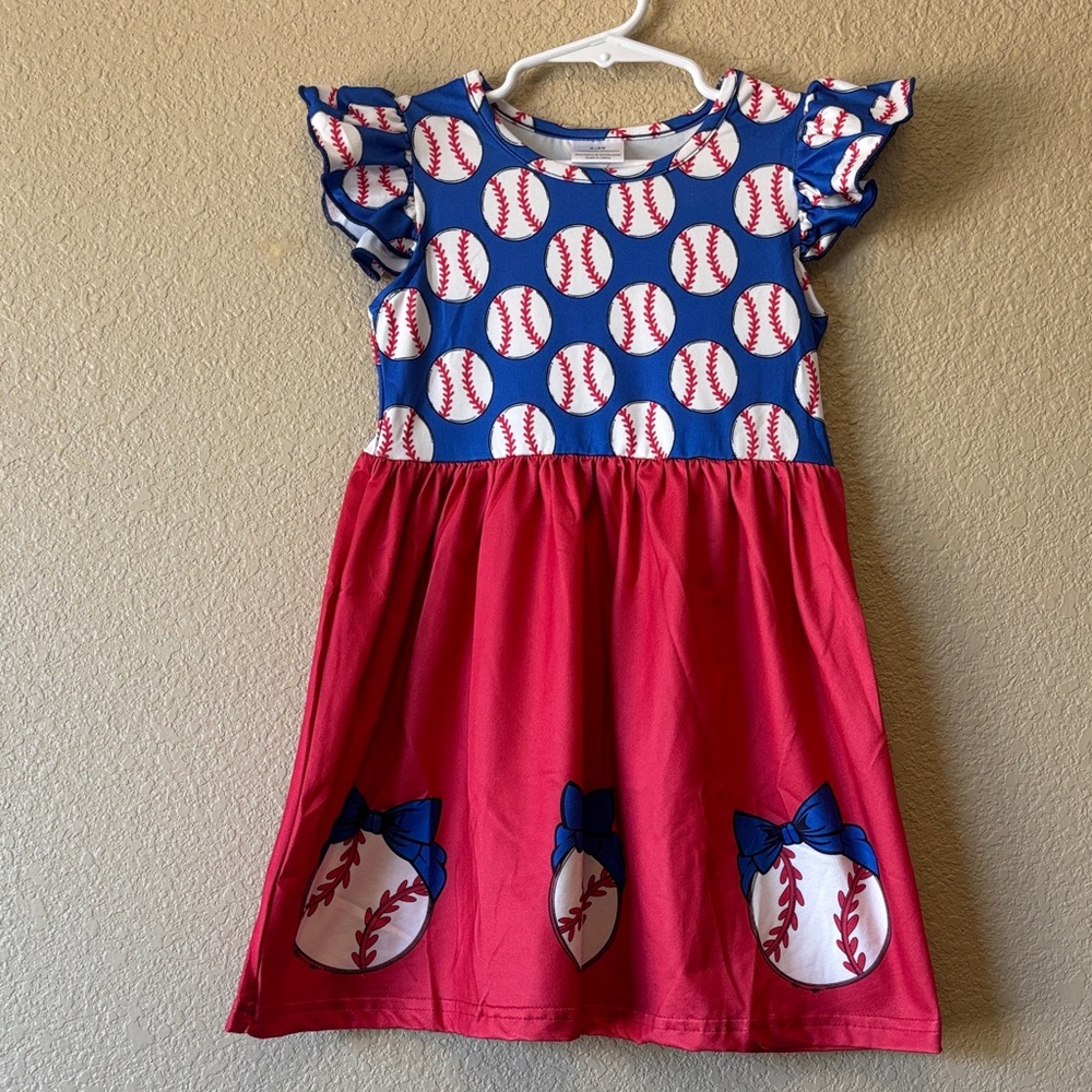 Playful Baseball Print Kids Dress - Red and Blue